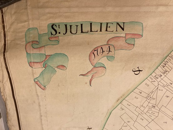 The title of the 1744 map, showing the spelling St Jullien in pink and blue watercolours 