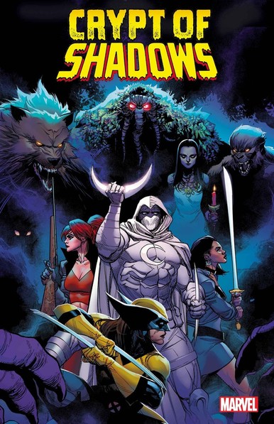cover of a comic book, the title at the top in scary yellow letters reads 'Crypt of Shadows', the background is dark, there is a group of heroes surrounded by monsters, Moon Knight is in the center of the heroes, they have their blades and guns drawn to defend themselves against the monsters closing in around them