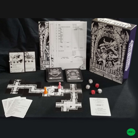 a image of retail random quest completed with box, dice, pawns, monster and dungeon cards, item list, and character creation list and more. 