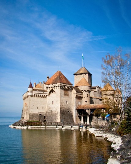 Chillon Castle in Veytaux, Switzerland, a medieval fortress nestled on the shores of Lake Geneva and is known for its rich history.