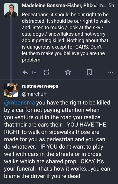 My post: Pedestrians, it should be our right to be distracted. It should be our right to walk and listen to music / look at the sky / cute dogs / snowflakes and not worry about getting killed. Nothing about that is dangerous except for CARS. Don't let them make you believe you are the problem.

A reply: @mbonsma you have the right to be killed by a car for not paying attention when you venture out in the road you realize that their are cars their.   YOU HAVE THE RIGHT to walk on sidewalks those are made for you as pedestrian and you can do whatever.   IF YOU don't want to play well with cars in the streets or in cross walks which are shared prop.  OKAY, it's your funeral.  that's how it works...you can blame the driver if you're dead