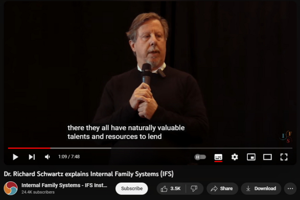 https://www.youtube.com/watch?v=DdZZ7sTX840
291,371 views  5 Mar 2019
Founding developer , Richard Schwartz, gives an overview of the Internal Family Systems model.
 
Learn more at https://ifs-institute.com/

The mission of IFS Institute is to bring more Self leadership to the world. We provide IFS training for professionals, a practitioner directory for those looking for IFS trained providers, and international learning opportunities for those exploring personal growth through IFS. We want to make our programs as inclusive and accessible as they are informative and inspiring.