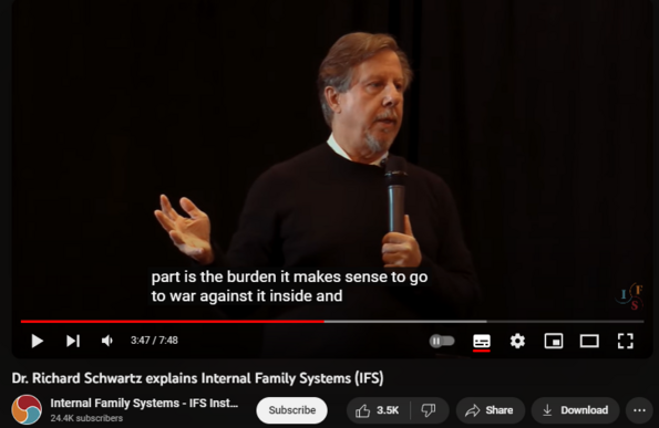 https://www.youtube.com/watch?v=DdZZ7sTX840
291,371 views  5 Mar 2019
Founding developer , Richard Schwartz, gives an overview of the Internal Family Systems model.
 
Learn more at https://ifs-institute.com/

The mission of IFS Institute is to bring more Self leadership to the world. We provide IFS training for professionals, a practitioner directory for those looking for IFS trained providers, and international learning opportunities for those exploring personal growth through IFS. We want to make our programs as inclusive and accessible as they are informative and inspiring.