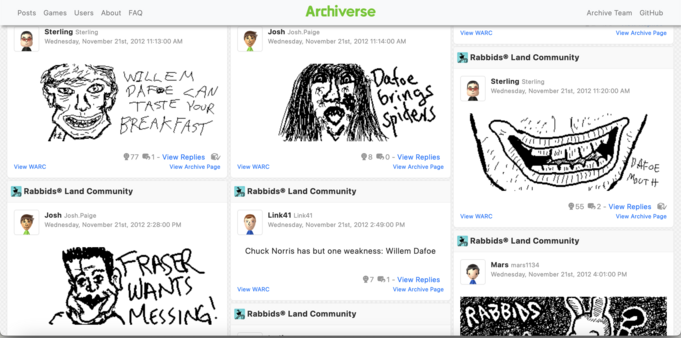 An Archiverse feed from the Rabbids Land community. Several drawings of Willem Dafoe are visible.