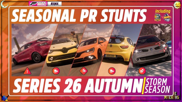 Thumbnail from the video, reading: "Seasonal PR Stunts including Rally Adventure and Hot Wheels, Series 26 Autumn / Storm Season".

Five tiles picture different cars, representing the stunts' requirements, with an icon below to indicate which type of stunt each tile is: Danger Sign, Speed Trap, Drift Zone, Speed Trap, Speed Zone.