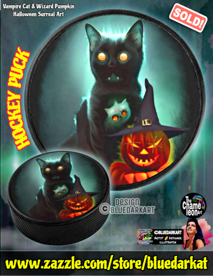 Vampire Cat & Wizards Pumpkin , Art Copyright BluedarkArt TheChameleonArt ● Hockey Puck available for sale in the BluedarkArt Zazzle Store