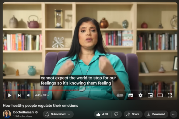 https://www.youtube.com/watch?v=JkCgmeikfBE
How healthy people regulate their emotions
By and large most survivors of narcissistic and antagonistic relationships over-regulate. You keep it all bottled up. And that will take toll on your physical and mental health. It's not a bad strategy: there's no point in speaking out n the relationship so the over-regulation may be the only way to stay safe. Speaking out may even make things worse. You learn it to push it all down. Feel distanced from what you are allowed to feel.
Person who is healthfully regulated – you actually express the emotion appropriately. You give yourself the permission to identify the emotion and to respond to it. Cry if sad. Take a break. Laughing, Articulate emotion, what you need. It doesn't mean other person will co-operate. You name it, express it, process it. You recognize your emotion is yours, owning it. Not shove your emotion to other throat (how you are not sad).
We don't turn off our feelings, but we also cannot expect the world to stop for our feelings.