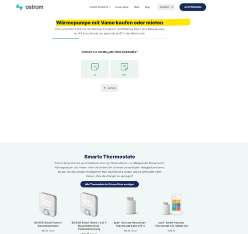 A screenshot of https://www.ostrom.de/smart-hvac showing the heat pump rental offering by https://www.getvamo.de/ and smart thermostats by https://www.tado.com/