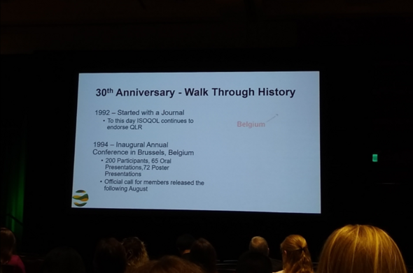 Picture of a slide showing that ISOQOL started with the journal QUALITY OF LIFE RESEARCH in 1992 and had the first conference in Brussels in 1994