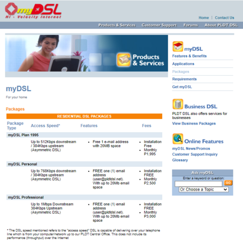 PLDT myDSL rates in early 2005