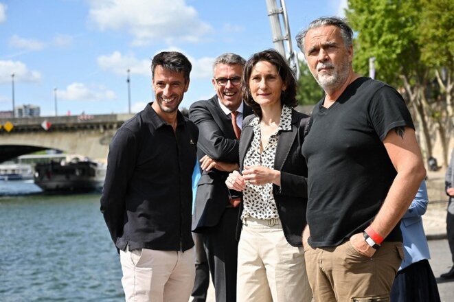 Tony Estanguet, Marc Guillaume, Amélie Oudéa-Castéra et Thierry Reboul lors de la répétition générale de la cérémonie d’ouverture des Jeux olympiques de Paris 2024, le 17 juillet 2023. © Photo Tomas Stevens / Abaca