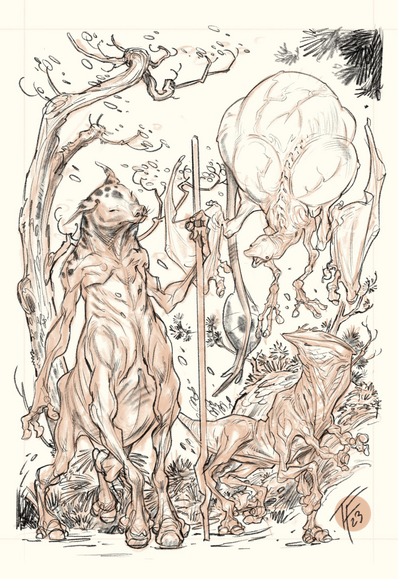 A pair of centaurs take a stroll with their fart bladder cetacean friend.