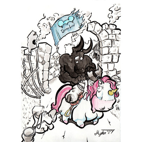 Devant les ruines du poste frontière, l'ombre démoniaque dépose la petite sorcière blessée sur la selle de la licorne. Pupy regarde l'action en tenant le filet à papillon dans sa gueule.