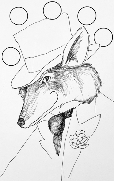 An I k drawing of a fox in a suit and a top hat looking slyly at the viewer. There are orbs juggling above his head. And he has a snapdragon (representing deception) pinned to his lapel.