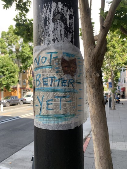 A piece of newspaper taped to a post on Valencia street with masking tape.  Over the newspaper text, the artist has written "Not better yet" in blue ink. They've also drawn a cute cat head and colored it orange. 