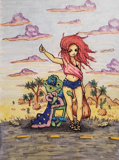 A colorful marker drawing of a woman with big red hair holding a grocery type bag, wearing tiny shirts and a pink crop top, holding up her thumb on a road in the desert to hitchhike. She has a bored expression. Next to her, a cartoonish green monster holds a blanket in one arm and holds onto her leg with the other like a nervous child. Thereare bottles on the ground, mountains and Joshua trees in the background, and pink and purple clouds in the sky.