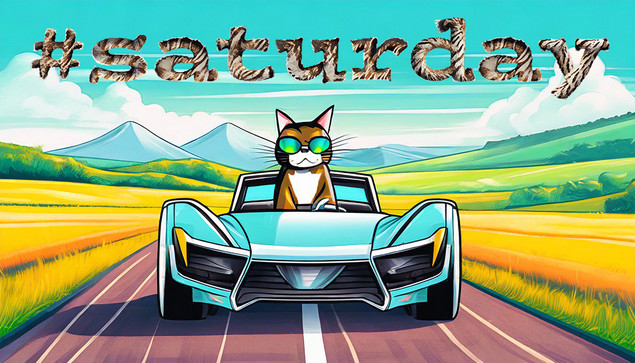 Illustration for hashtag #saturday with a cat sitting in a sports car.