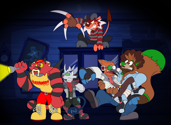 Four friends exploring a haunted house for Halloween while being stalked by a demon goat.

The Incineroar named Tahu is dressed as Hulk Hogan and holding a flashlight.

Zalno is next to him, dressed as Fox McCloud in his outfit from Super Smash Bros. Brawl and looking nervous. The cybernetic eye on his forehead has a blue ghost.

The hoopoe (Regdeh) is panicking and jumping into the tanuki's (Onaka) arms. Regdeh is dressed like Falco Lombardi in his outfit from Super Smash Bros. Brawl. Onaka is dressed like Bob Ross.

The demon goat, Overkelion, is dressed like Freddy Kreuger from Nightmare on Elm Street.