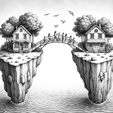 symbolisierte Doppelresidenz - 2 Häuser auf Inseln mit Brücke