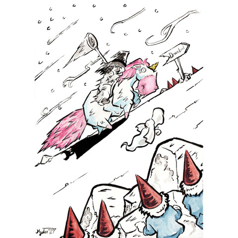 La petite sorcière montée sur la licorne grimpe la montagne et son frigorifiés par le vent glacial. Un panneau indique "DreamLand". 7 nains les observent cachés dans le paysage.