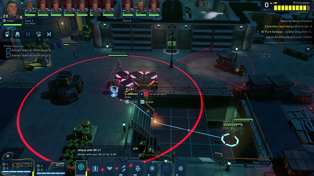Screenshot from Cyber Knights: Flashpoint of a cyberpunk-styled level with a tactical RPG HUD overlay showing cover, line-of-sight to enemy guards, weapon targeting range, and a movement warning that the player will be heard as they approach.