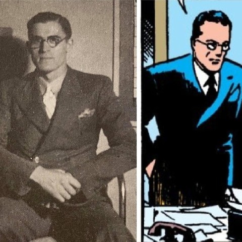 Left: A black-and-white photo of a man in 1930's suit and glasses, seated in a chair with his arms crossed. 

Right: An early illustration of Clark Kent, from 1930's Action Comics, portraying an incredibly similar image of the same man (similar haircut, glasses, body build, face shape, etc.).
