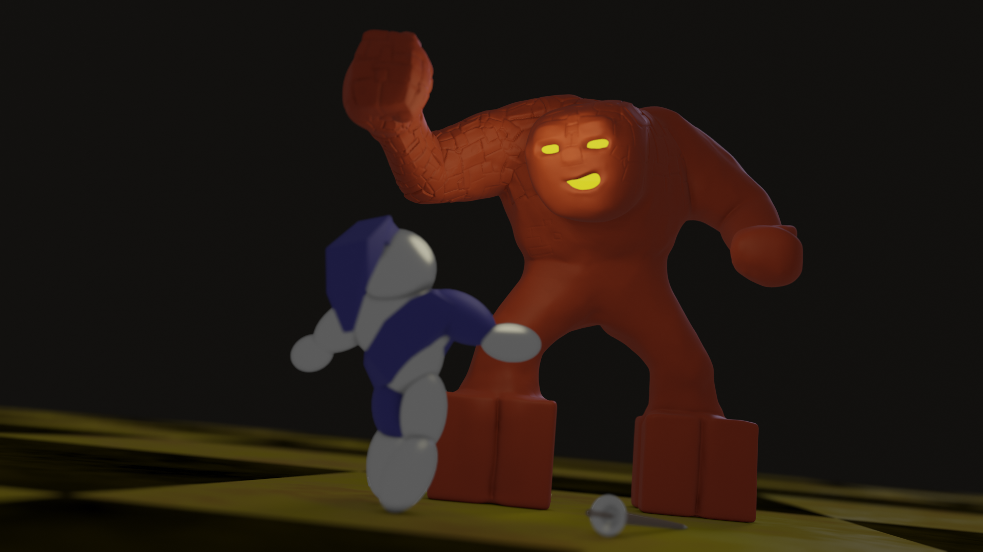 A WIP scene depicting the "rook takes pawn" animation from the Amiga game Battle Chess. The camera has a low angle behind pawn, who has dropped their lance and is fearfully looking up as the rook brings a giant fist down from above