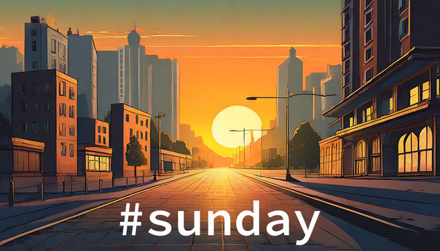 Illustration for hashtag #sunday with a sunrise over and empty street.