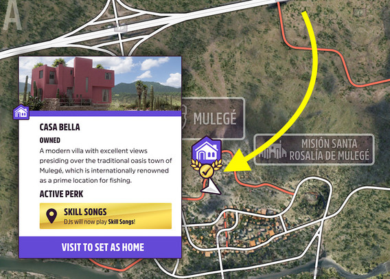 A map section of Forza Horizon 5, indicating where to find the location required for the challenge.