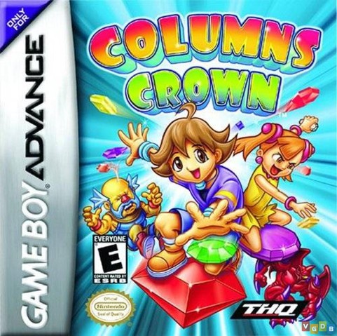 The North American Boxart for Columns Crown for the Game Boy Advance featuring a happy boy and a... feisty? spunky? girl collecting jewels as an old man and a demon are flung to the side.
