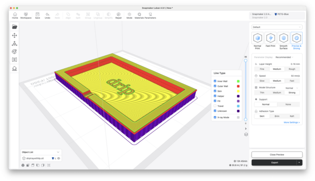 A render in Snapmaker Luban of a lovely drip tray with a few simple details. Wording in the centre of the tray says "drip"