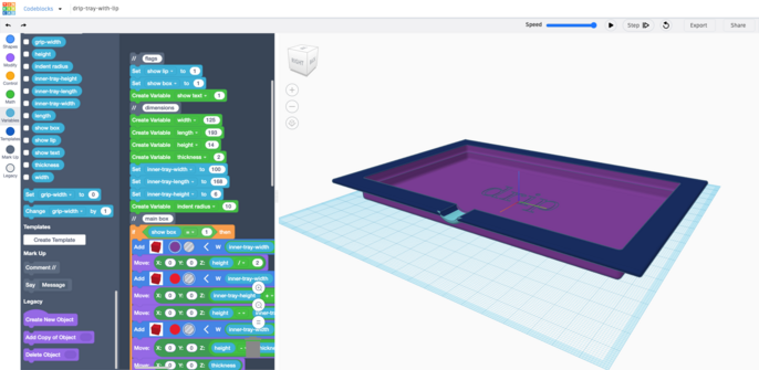 The same drip tray, rendered in TinkerCAD CodeBlocks, with some of the code blocks showing along the side.