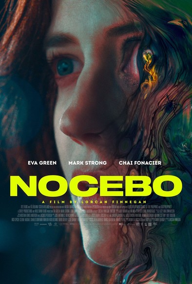 The film poster of the film "Nocebo". Eva Green's face in a seltlichen totale. Her face is surrounded by wild hair in which insects and fire are visible. Above her mouth, in thick yellow letters, the title of the film.