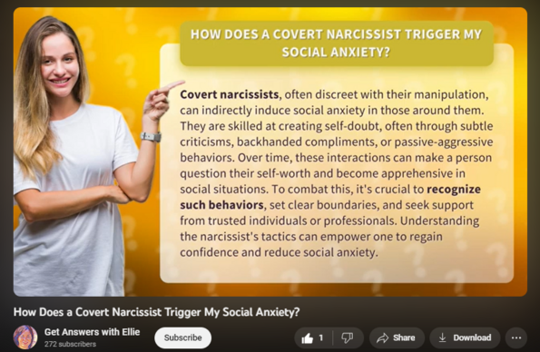 3 views  16 Oct 2023
Unmasking Covert Narcissists: How They Trigger Social Anxiety • Unmasking Covert Narcissists • Discover how covert narcissists subtly manipulate others, triggering social anxiety. Learn to recognize their tactics, set boundaries, and regain confidence to overcome social anxiety.