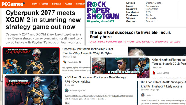 Collage of reviews from Rock Paper Shotgun, PCGamesN, and YouTubers like Wanderbots and SplattercatGaming. Titles include:
"Cyberpunk 2077 meets XCOM 2 in stunning new strategy game out now"
"The spiritual successor to Invisible, Inc. is finally here"
"Cyberpunk infiltration tactical RPG that punches way above its weight"
"Cyber Knights: Flashpoint Early Access - Tactical Stealth GOLD from the Trese Brothers"
"XCOM and Shadowrun Collide in a New Strategy RPG"
"Hid Then Killed! Stealth Savagery"