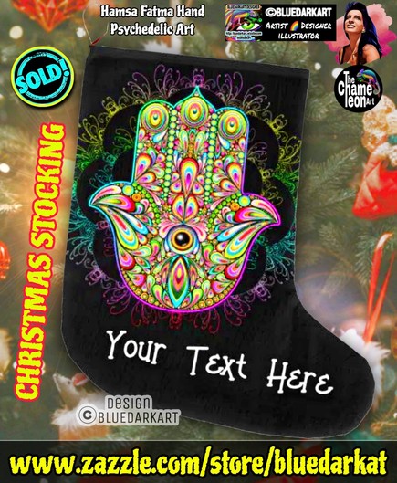 Hamsa Fatma Hand Psychedelic Art Copyright BluedarkArt TheChameleonArt ● Christmas Stocking available for sale in the BluedarkArt Zazzle Store