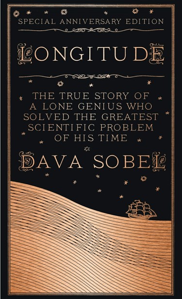 The cover of Dava Sobel's book Longitude, black background with gold writing and a small gold ship with many sails heading into a very steep sea