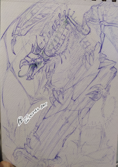 pen sketch of an undead dragon perched on a ruined giant column