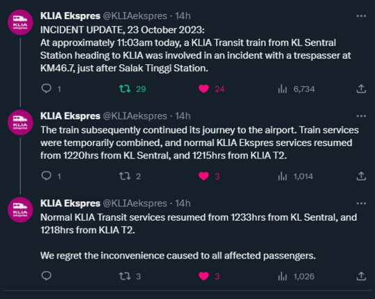 Screenshot of the service update posted by KLIA Ekspres on their official social media account.