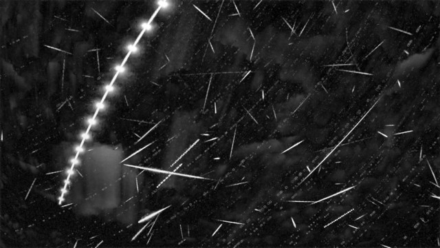 From East facing camera:
Black background with many meteor streaks - mostly short and aligned to different directions. There are also faint arc trails in the background which are the trails of stars.

There is one brighter "transient" running from upper middle to lower left. It is obviously a plane as it has a regular bright flashing pattern.