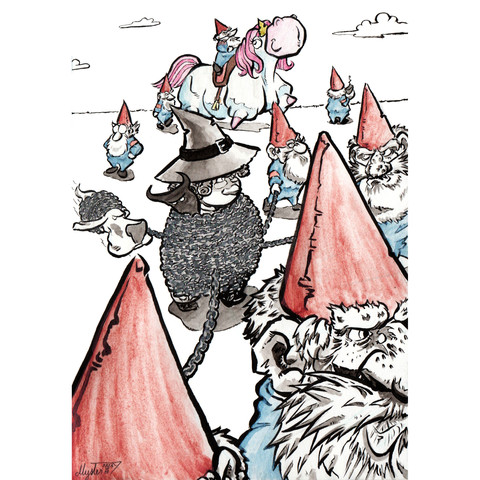 La petite sorcière, son ombre démoniaque et son doggo, enchaînés, son emmenés par les 7 nains et la licorne.