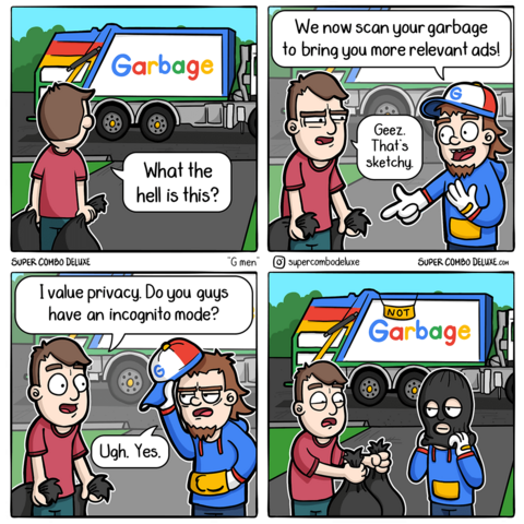 
A comic from SUPER COMBO DELUXE.

A man stands in front of a garbage truck, talking to the garbage man. The  man is holding up a bag of garbage.

The man says, "What the hell is this?"

The garbage man says, "We now scan your garbage to bring you more relevant ads!"

The man says, "Geez. That's sketchy."

Then the man asks, "I value privacy. Do you guys have an incognito mode?"
The garbage man says, "Ugh. Yes." and puts masks on the face. The man hands the bag of garbage to the garbage man, who still going to scan everything despite an incognito mode. 

The cartoon is a commentary on the increasing use of personal data by companies to target advertising.