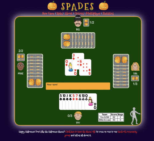 The halloween theme for cardgames.io: A glowing, dark green table on a deep blue background depicting a digital game of spades. The cards have been decorated with pumpkins, All text is orange and white in a comically wiggly font, and other thematic decorations litter the game. 