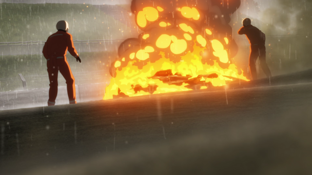 The crash that killed Haruka’s father from the anime series Overtake! Episode 4.