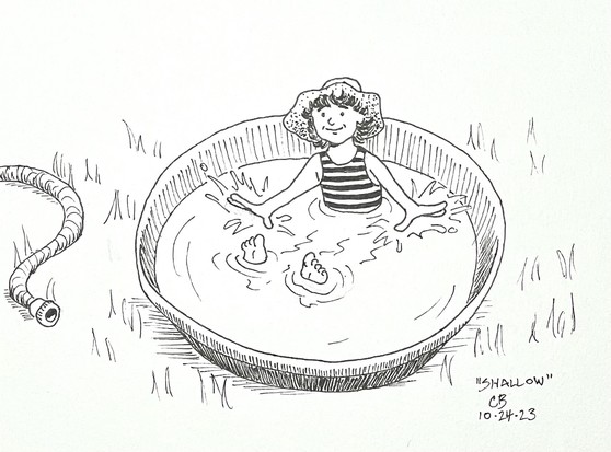 Ink drawing of a child wearing a straw hat and a striped bathing suit sitting in a backyard wading pool. The child is splashing the water with their hands.