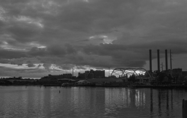 Pentax Asahi Spotmatic with HP5+ film (shot at 400 developed with XTOL)

Providence over the bay with the sun setting behind the power plant.