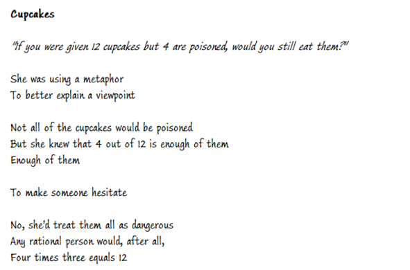 Cupcakes

"If you were given 12 cupcakes but 4 are poisoned, would you still eat them?"
 
She was using a metaphor
To better explain a viewpoint

Not all of the cupcakes would be poisoned
But she knew that 4 out of 12 is enough of them
Enough of them

To make someone hesitate

No, she'd treat them all as dangerous
Any rational person would, after all, 
Four times three equals 12