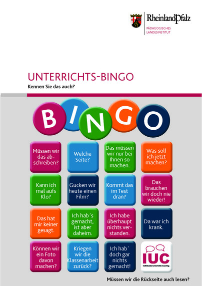 Plakat Unterrichts-Bingo mit 16 Quadraten mit klassischen Schülerrückfragen etc. "Kommt das im Test dran?" oder "Da war ich krank".