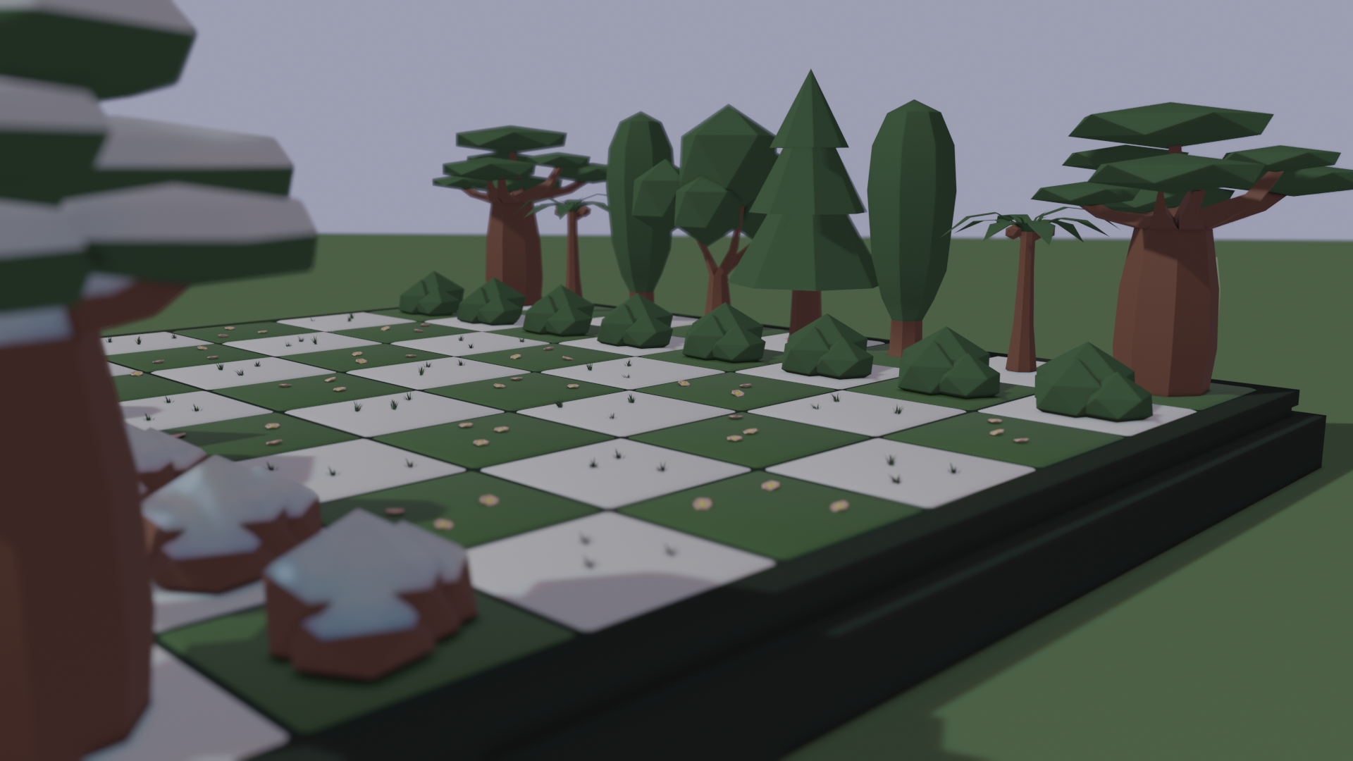 A low poly chess board with green and white tiles. The pieces are all different types of tree, with the king and queen as a spruce and maple, bishops as poplars, knights as palms, rooks as baobabs, and pawns as some low lying shrubs.

The "white" pieces are snow-capped, and the white tiles have blades of grass poking out as though through snow. The green tiles have little low poly flowers on them.