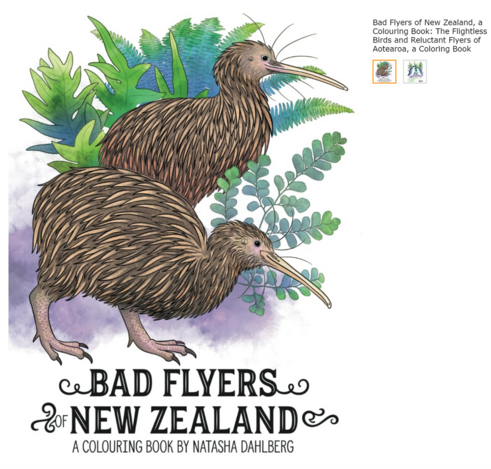 A book cover showing two kiwi and some ferns that have some watercolour applied for contrast and colour. 